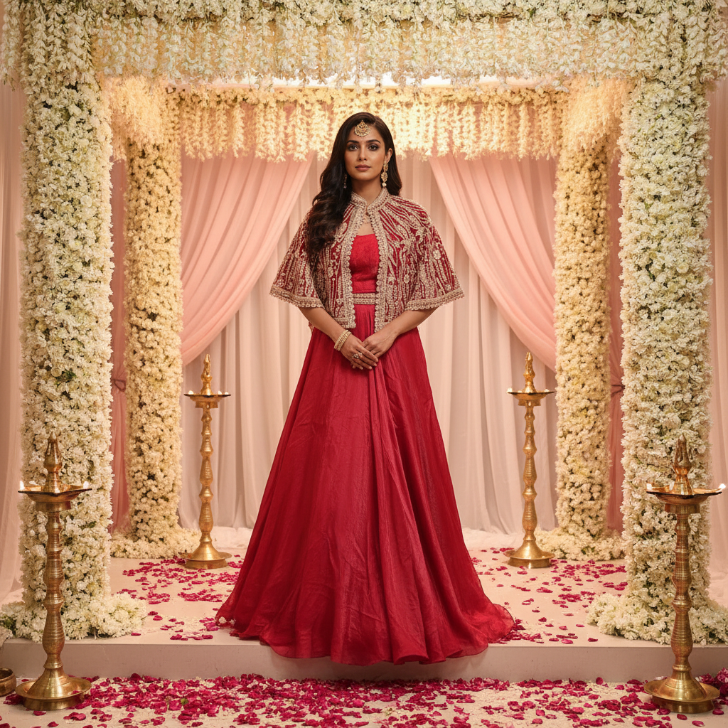 Red Embroidered Cape Crop Top - Mandap Setting