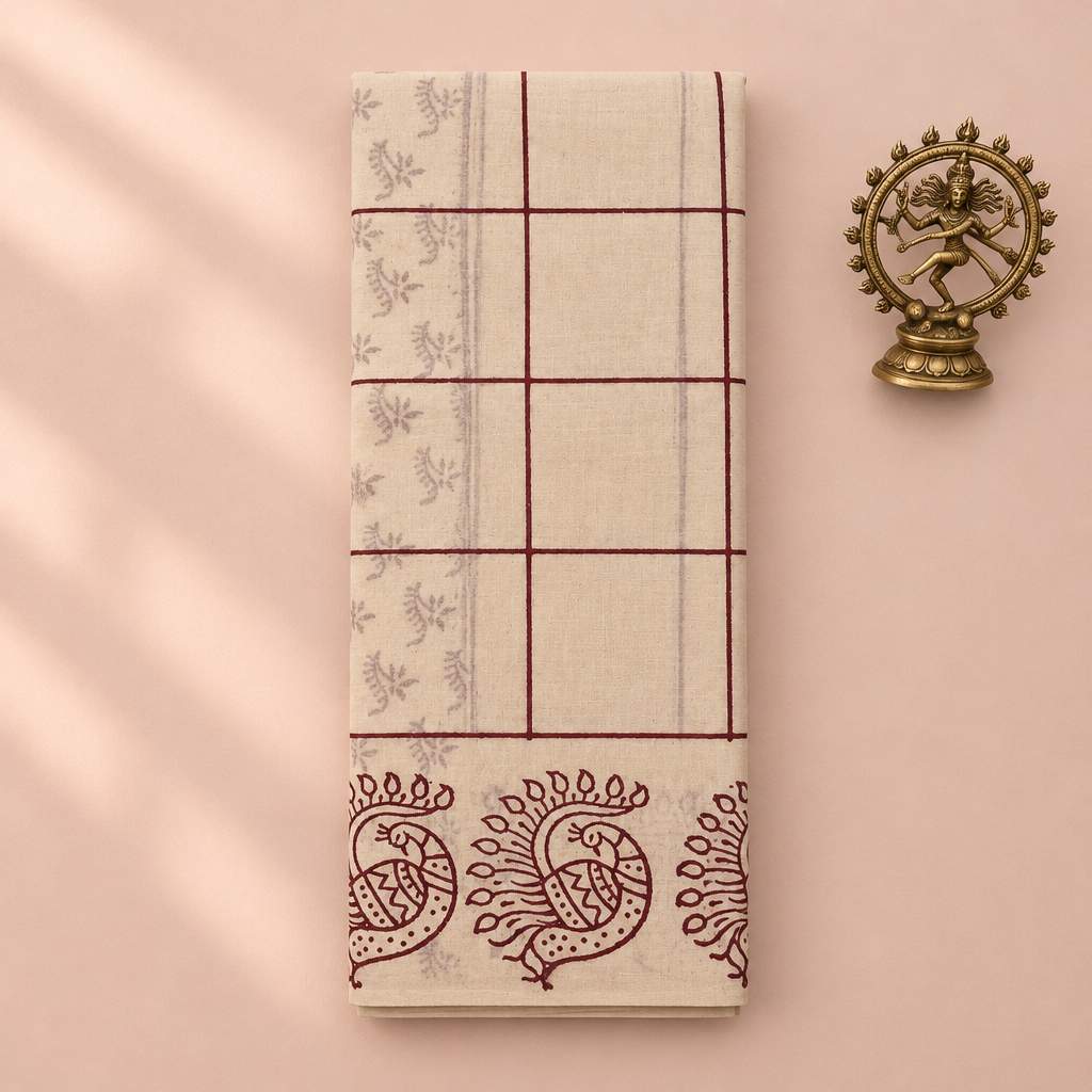 Cream checked cotton dance saree with peacock print border, folded flat lay with Nataraja prop