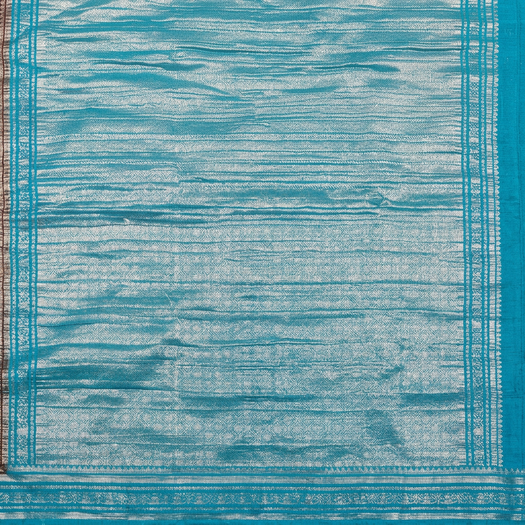 Close-up of turquoise-blue and silver-toned geometric pallu