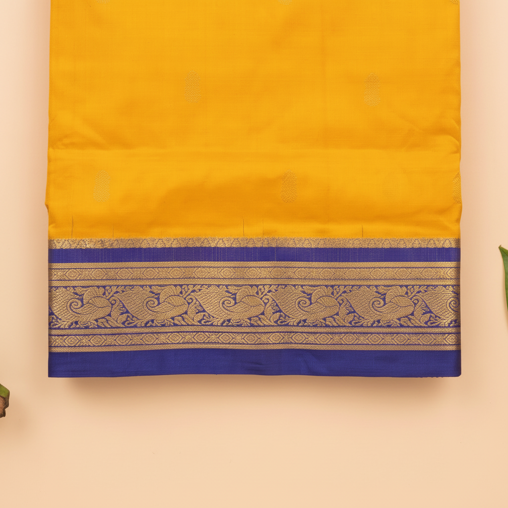 Royal-blue zari border on a mango-yellow 9-yard pure silk saree close-up