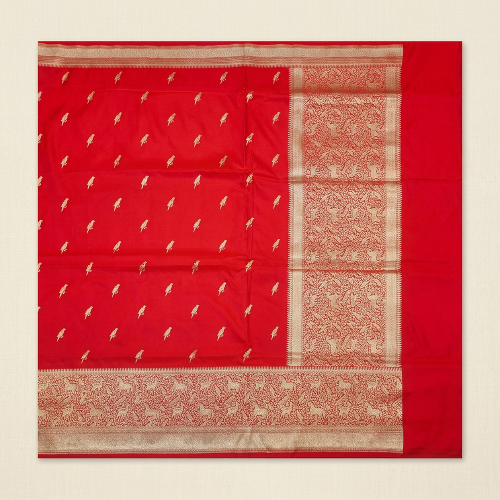 Straight overhead view of red semi Banarasi silk saree with ornate gold-toned border and pallu on ivory background