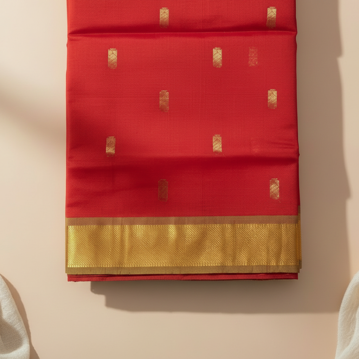 Close-up of the broad mustard-gold woven border on a red cotton saree
