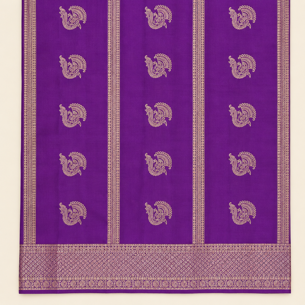 Purple pure silk saree ornamental buttas, vertical woven stripes and border close-up