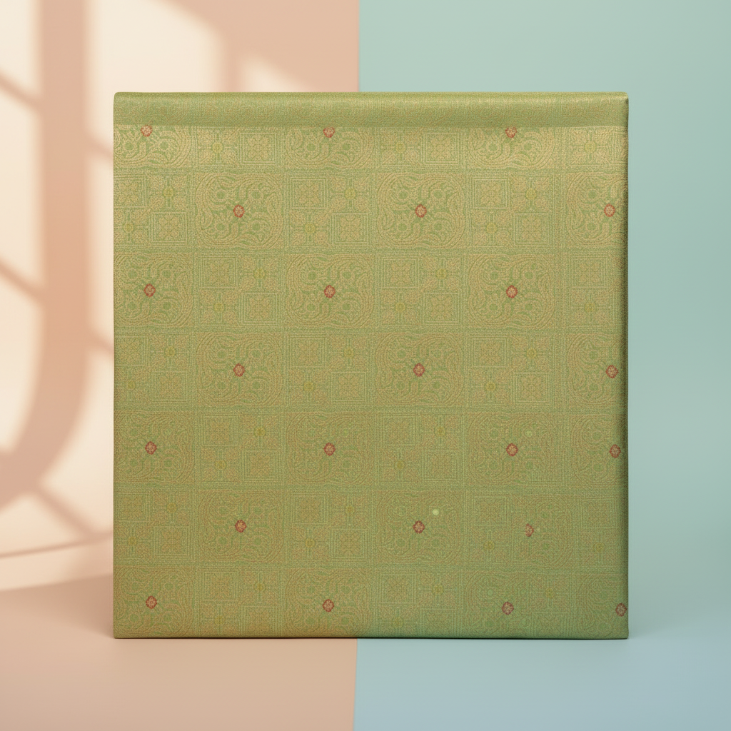Close-up of green semi-silk saree with geometric zari motifs and red accents