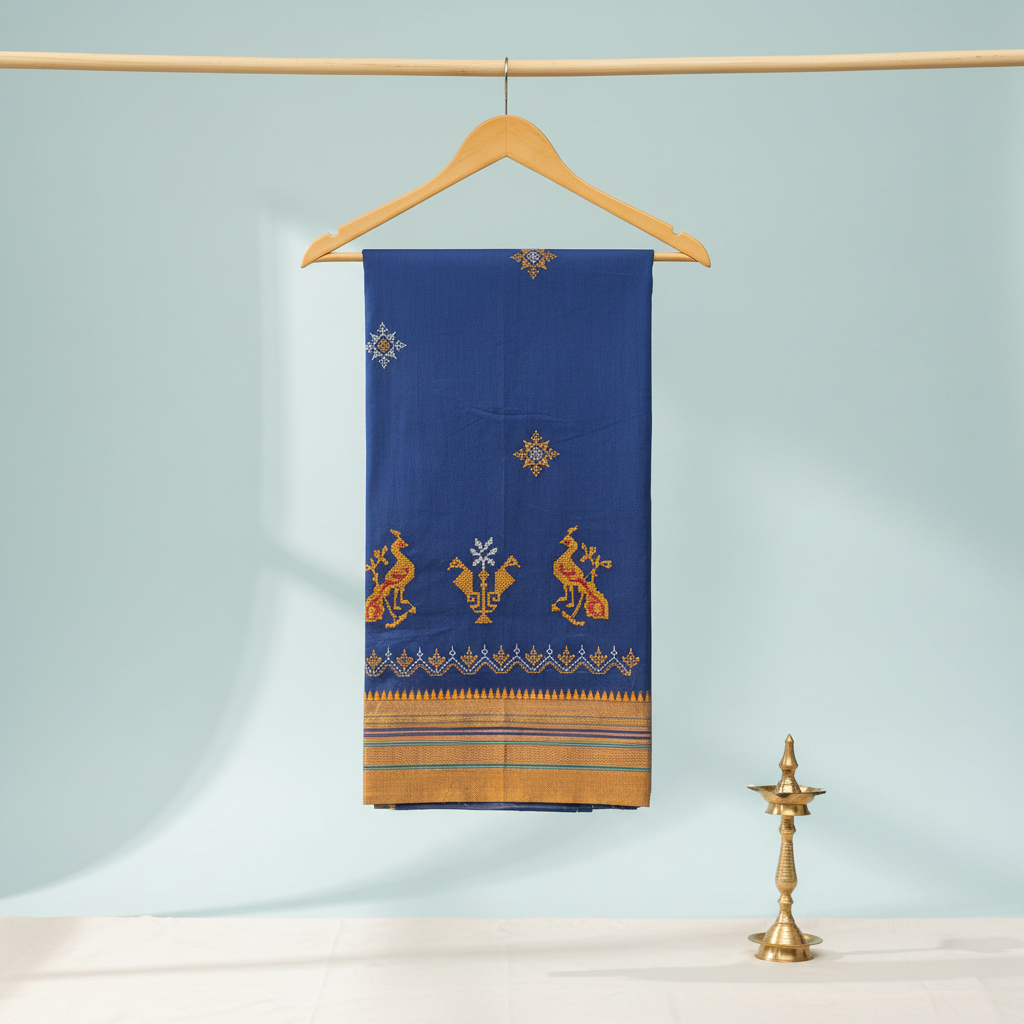 Royal blue cotton Kasuti saree with peacock embroidery and a mustard-gold zari border, hung on a wooden hanger against a pastel background with a brass lamp