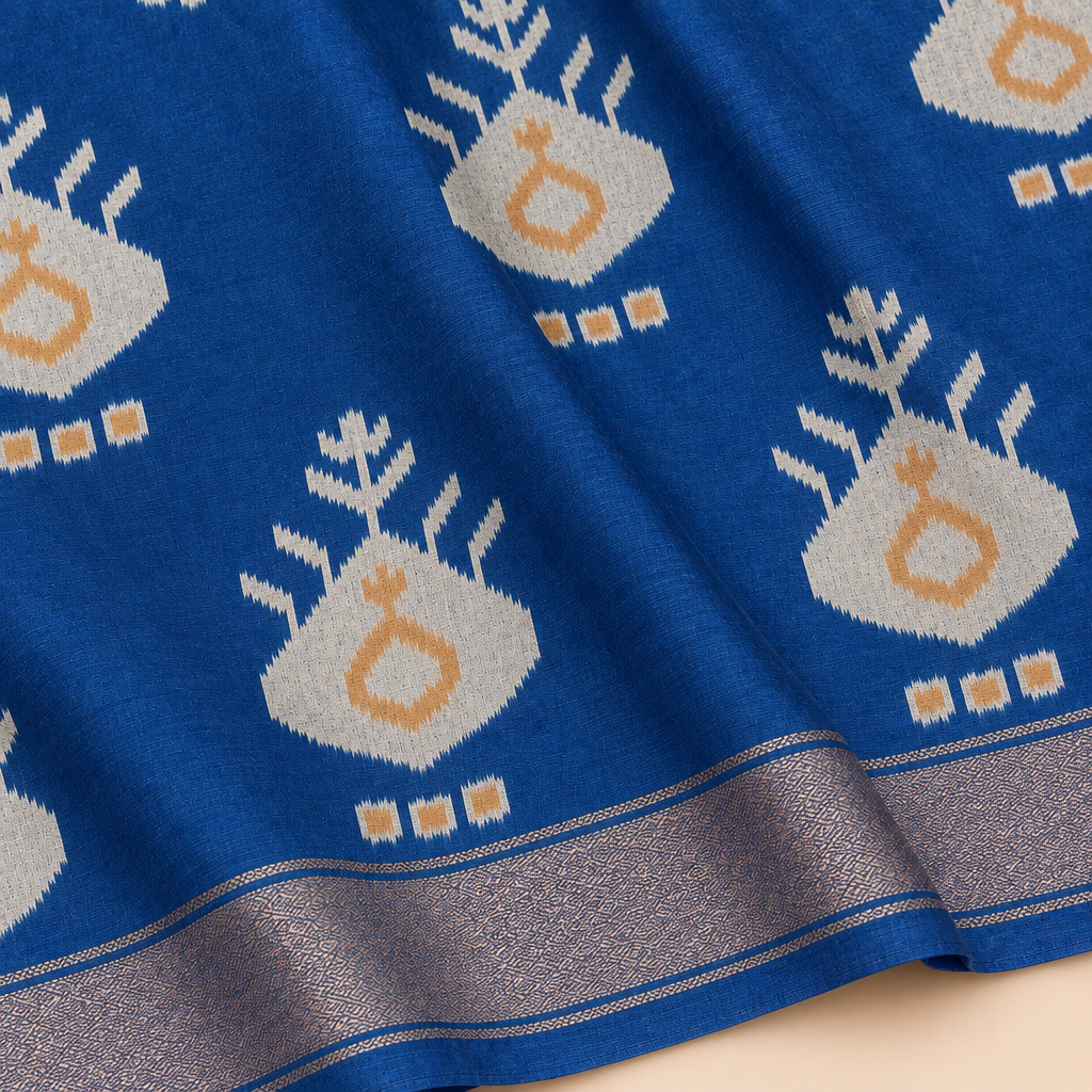 Close-up of blue Pochampally silk saree texture, pallu and zari border