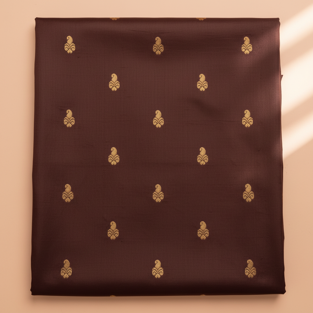 Dark brown pure silk saree body with gold zari motifs close-up