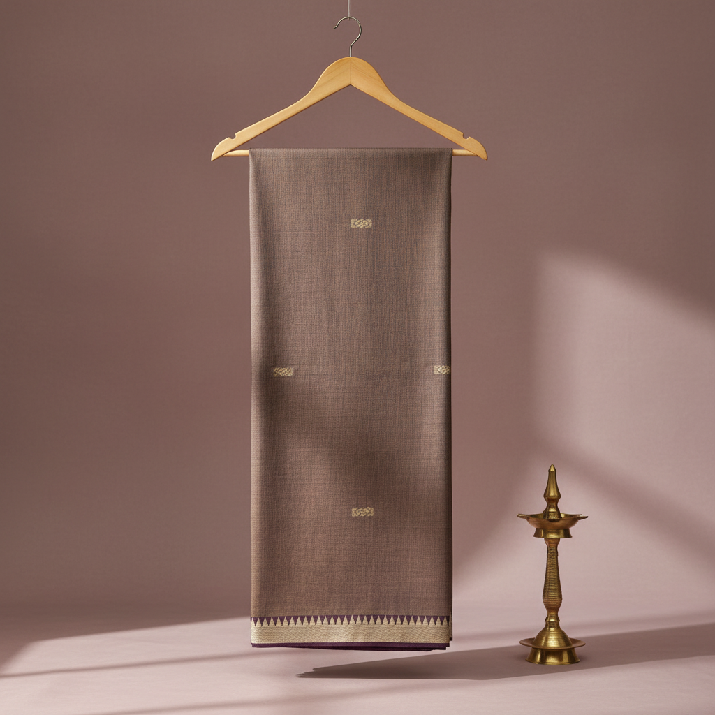 Pale brown cotton saree with small antique-gold motifs and a contrasting ivory-gold geometric border hanging on a wooden hanger against a pastel background with a brass diya