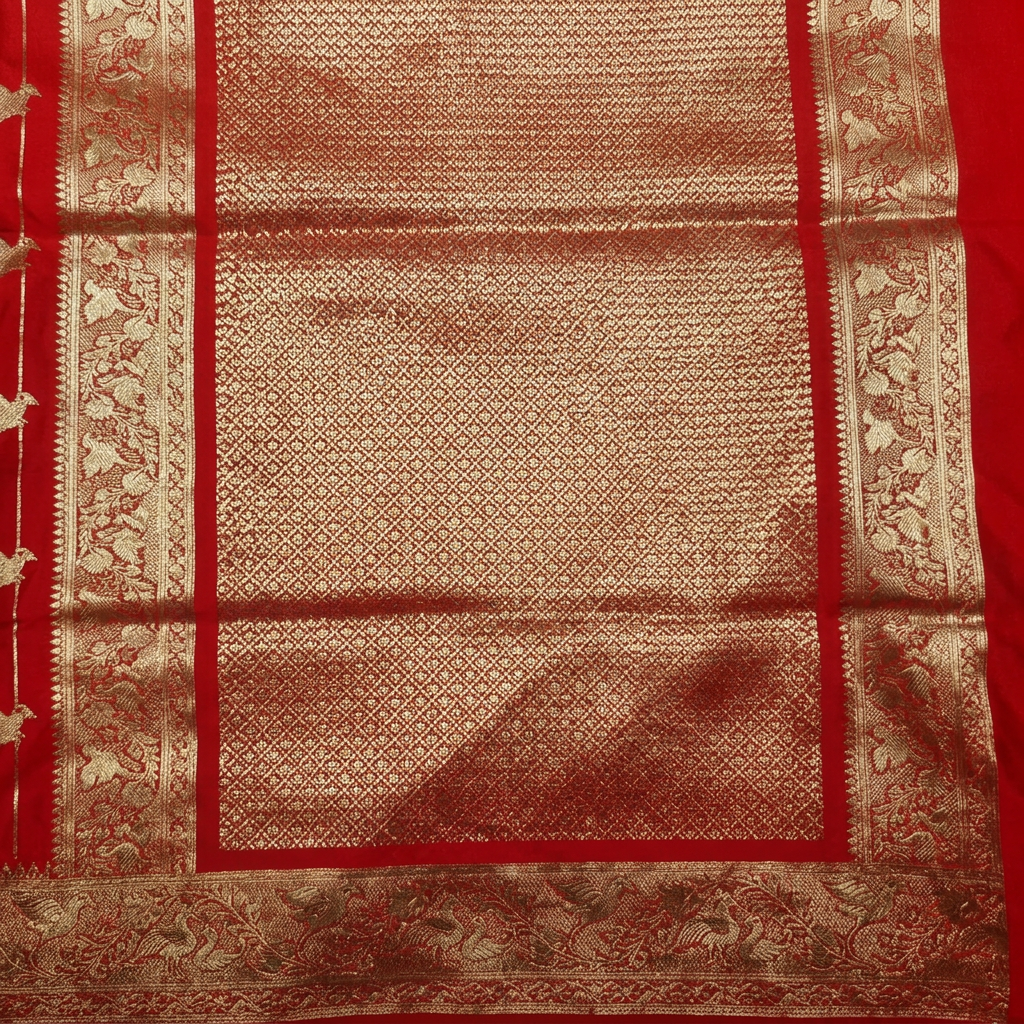 Close-up of gold-toned lattice pallu with decorative borders on red semi Banarasi saree