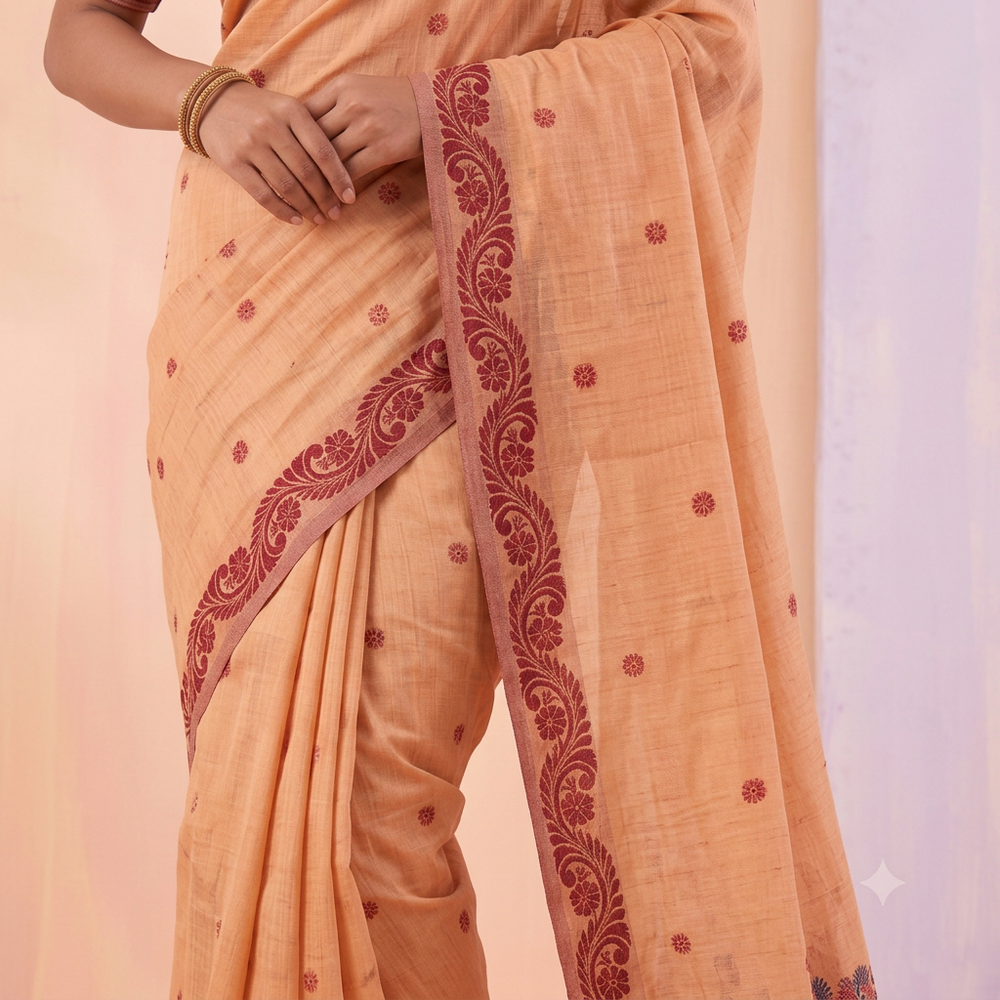 Peach saree body with scattered maroon motifs and scrolling maroon floral border