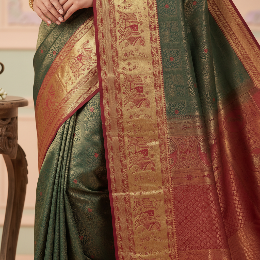 Close-up of the gold zari elephant border and maroon pallu of the dark green silk saree