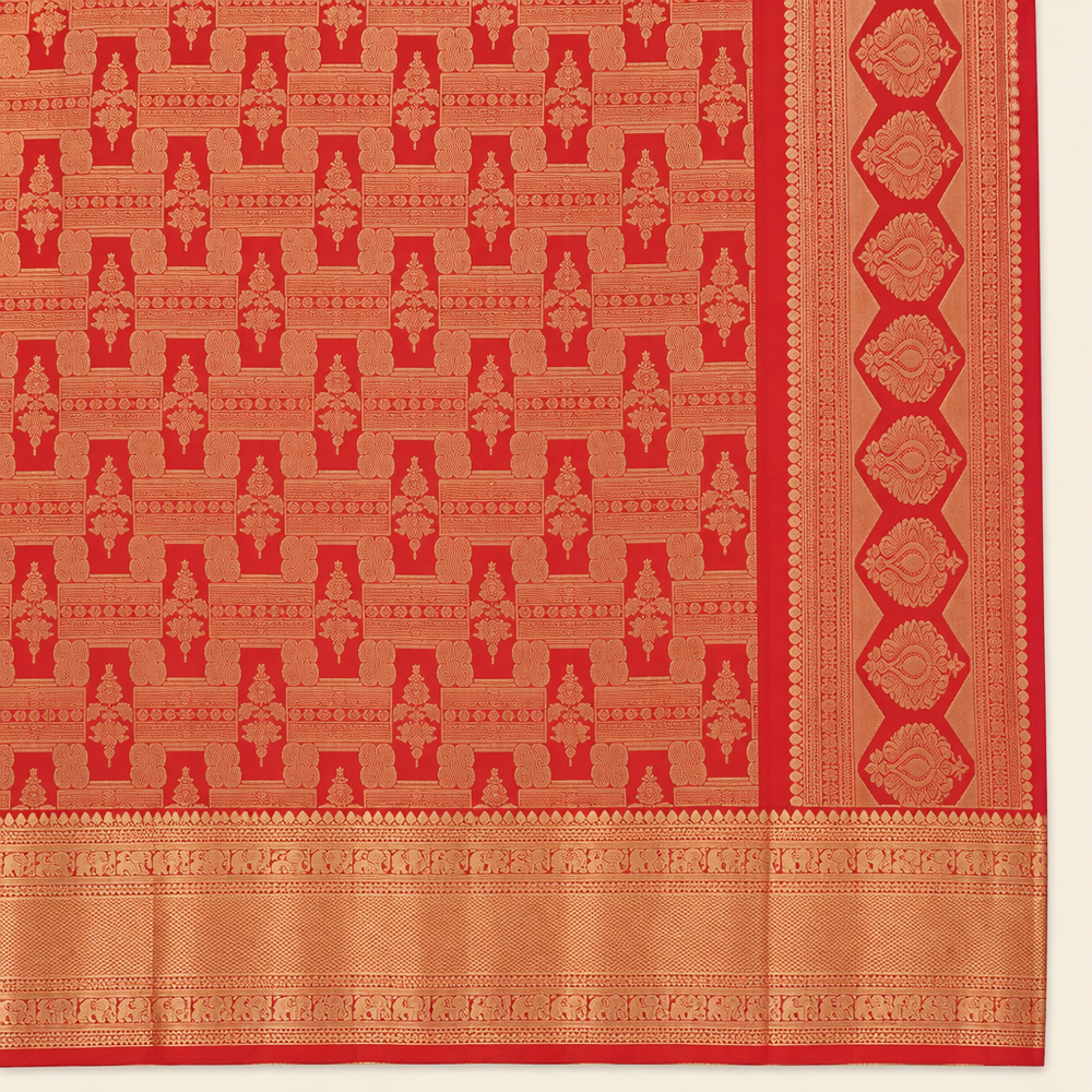 Red pure silk saree patterned body and copper-gold-toned border close-up