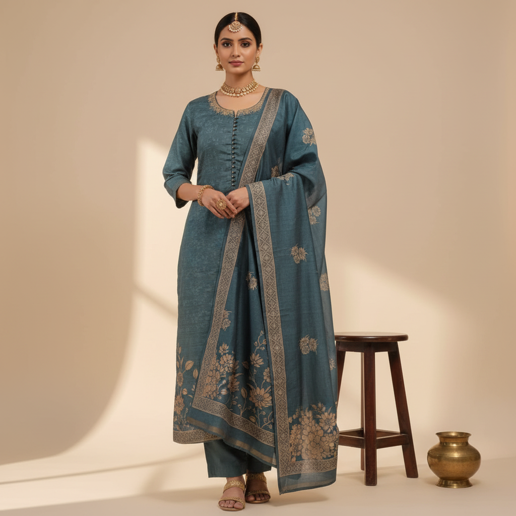 South Indian lady wearing teal blue salwar kameez with golden floral embroidery