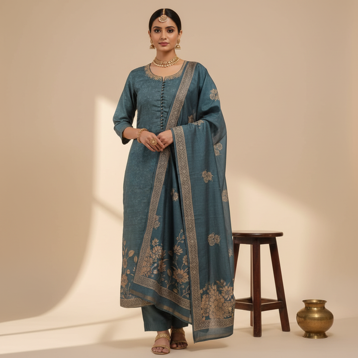 South Indian lady wearing teal blue salwar kameez with golden floral embroidery