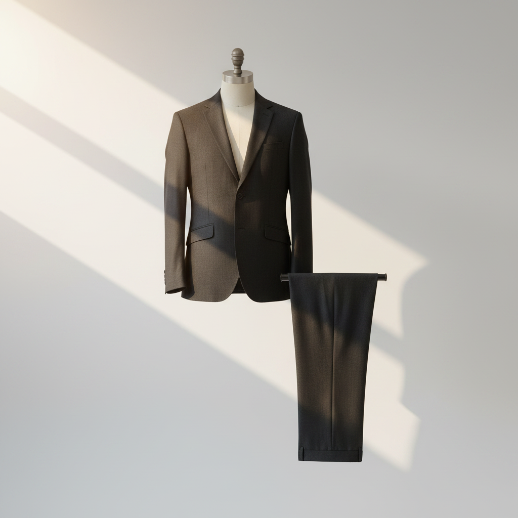 Charcoal grey formal suit on mannequin with sunlight