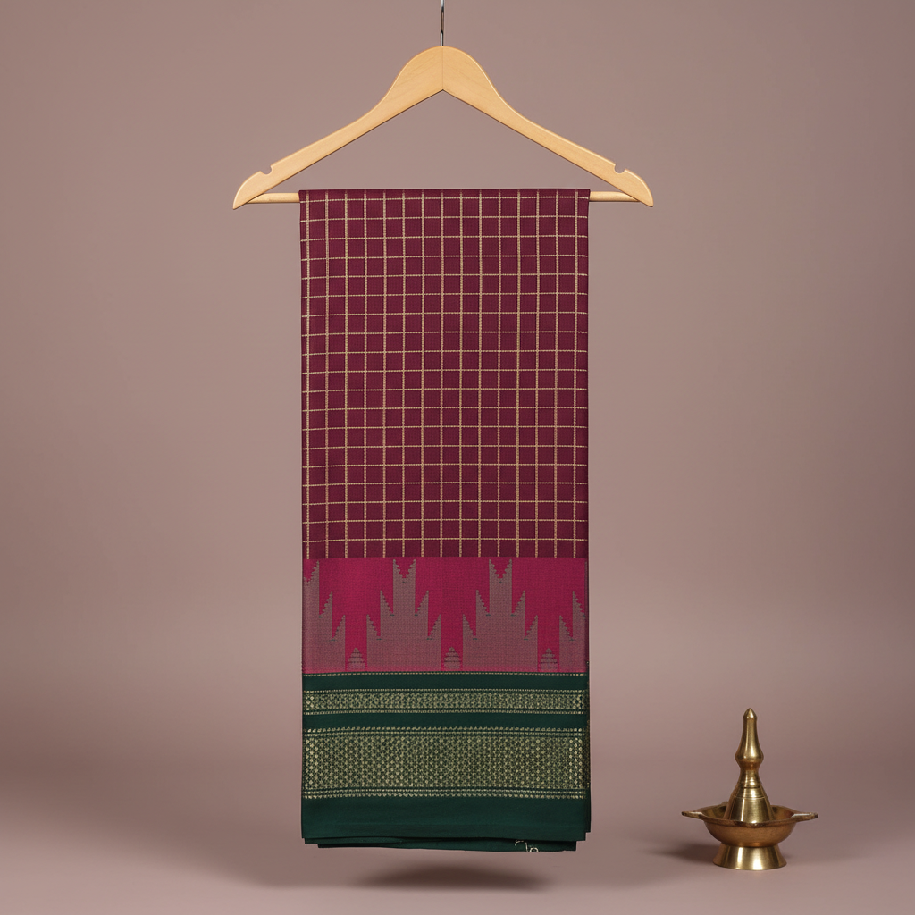 Burgundy and plum checked cotton saree with a magenta motif band and dark green patterned border hanging on a wooden hanger against a pastel background with a brass diya