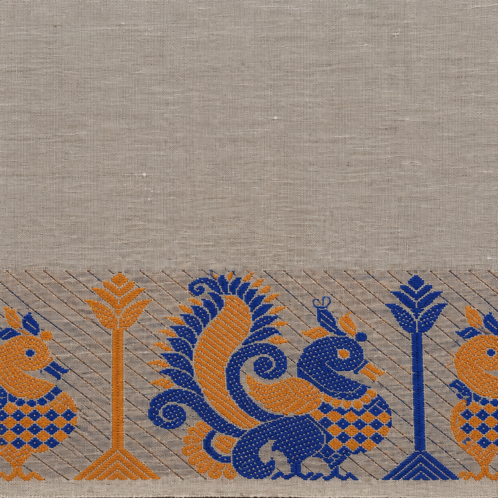 Close-up of light grey cotton saree body and border edge