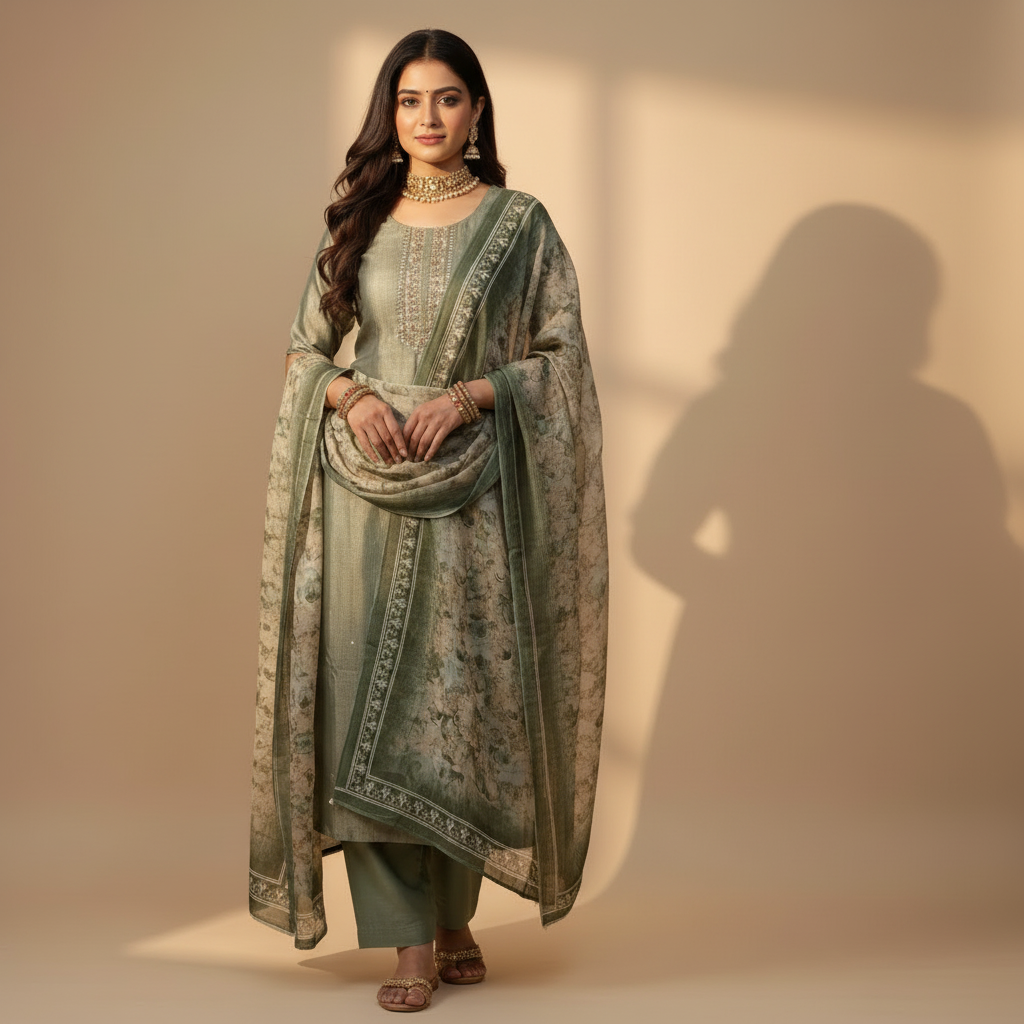 Indian model wearing sage green floral embroidered salwar kameez