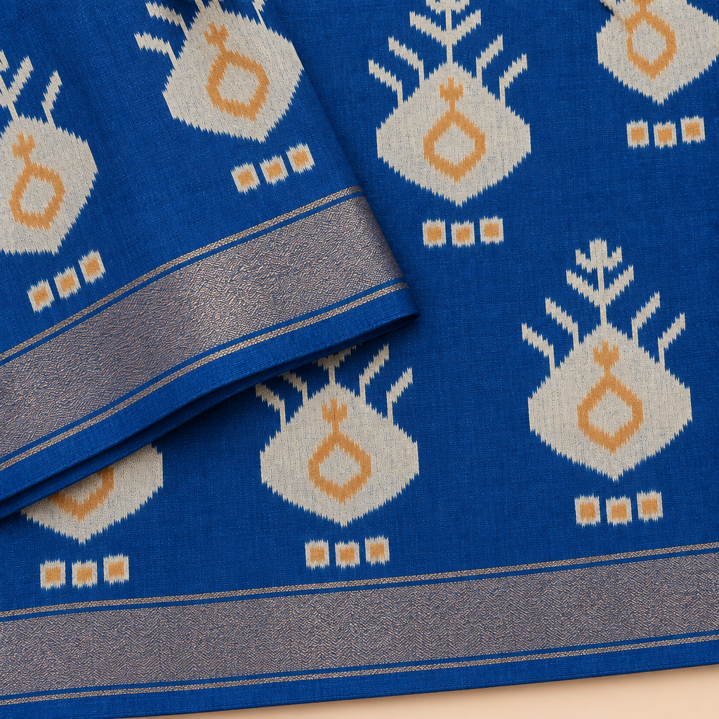 Close-up of blue Pochampally silk saree with Ikat checks and zari border