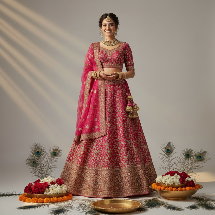 Hot Pink Zari Embroidered Bridal Lehenga - Peacock Feathers