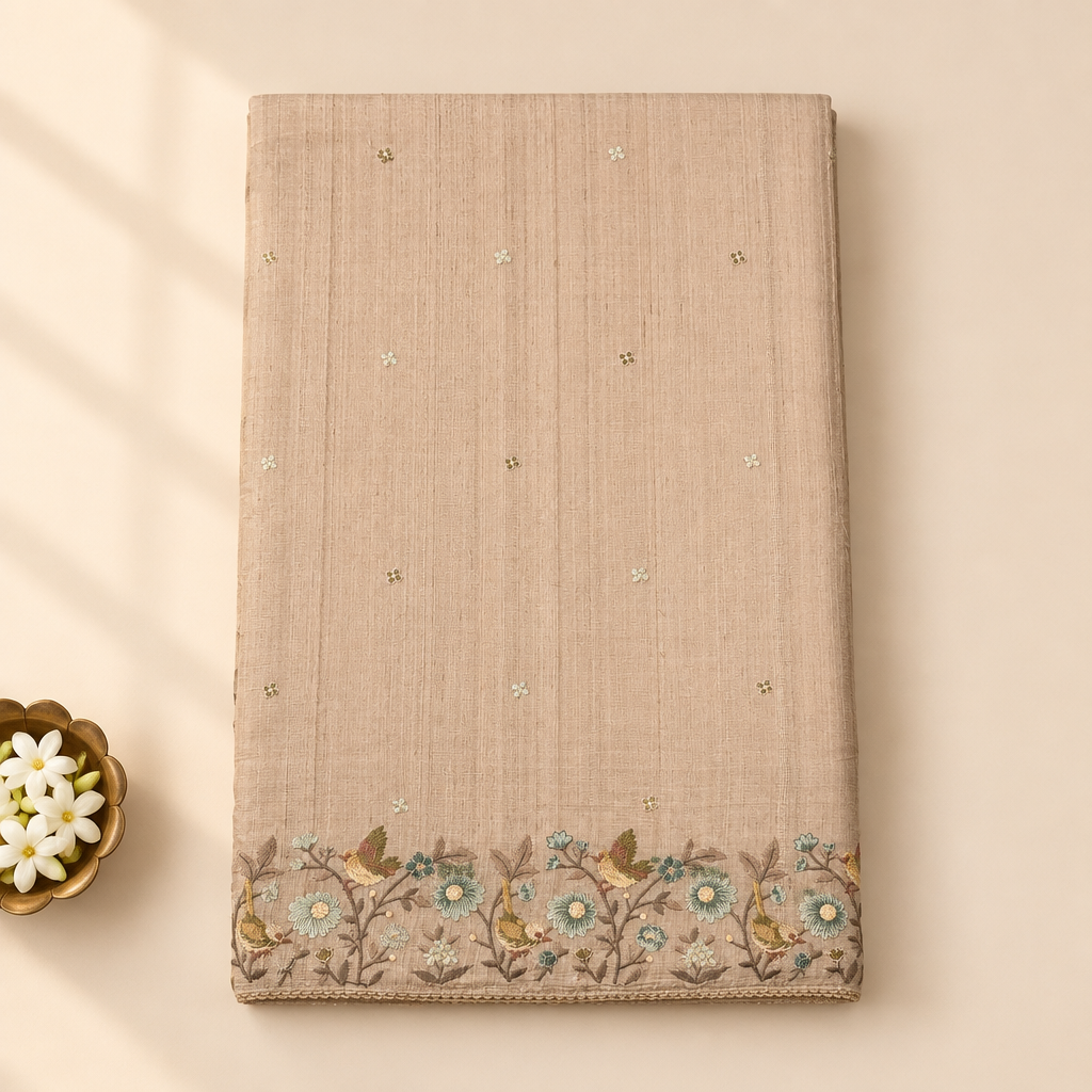 Kuberan beige pure Tussar silk saree folded upright on a pastel background with jasmine buds