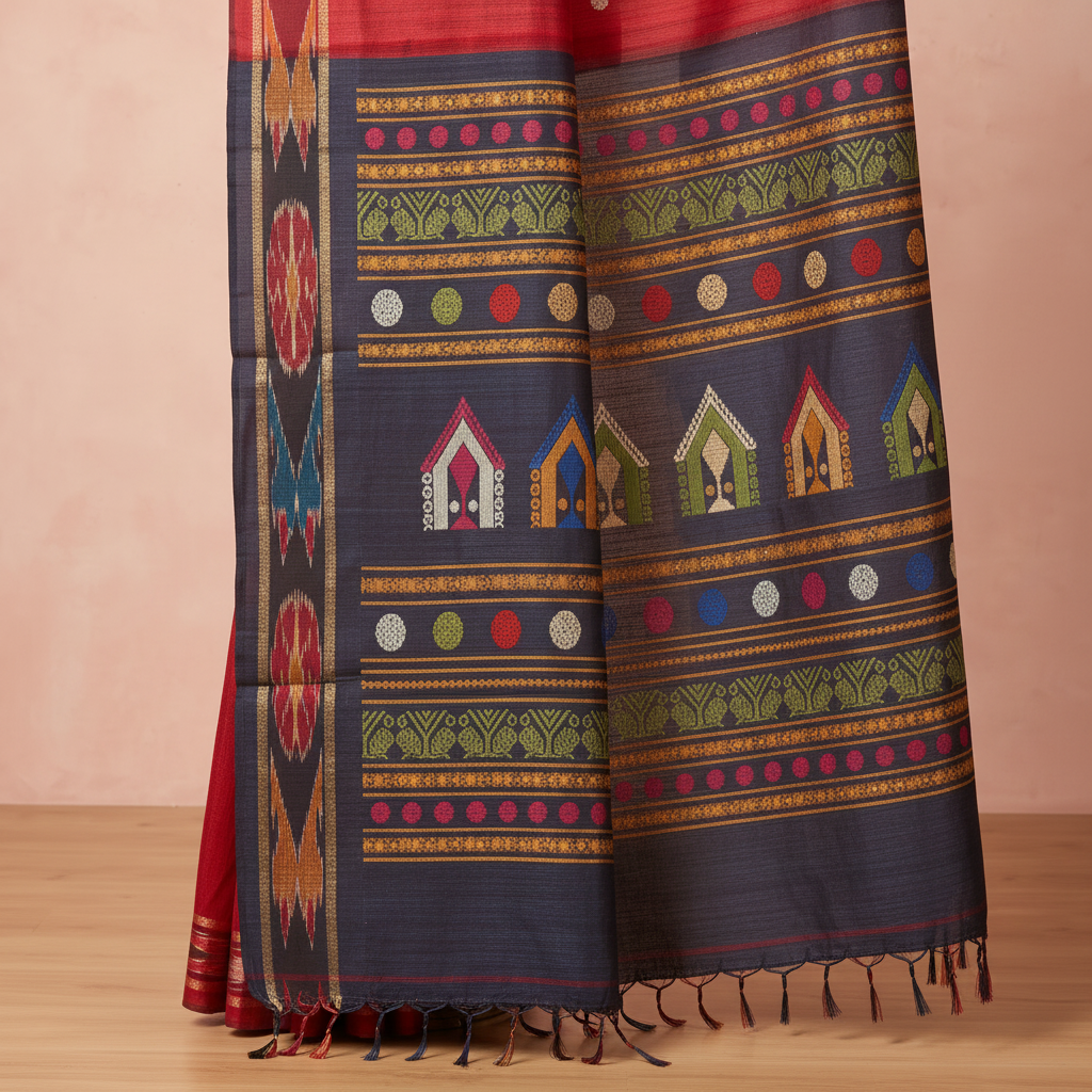 Close-up of the navy blue Tussar silk saree pallu showing multicolour geometric bands, decorative panels and tassels