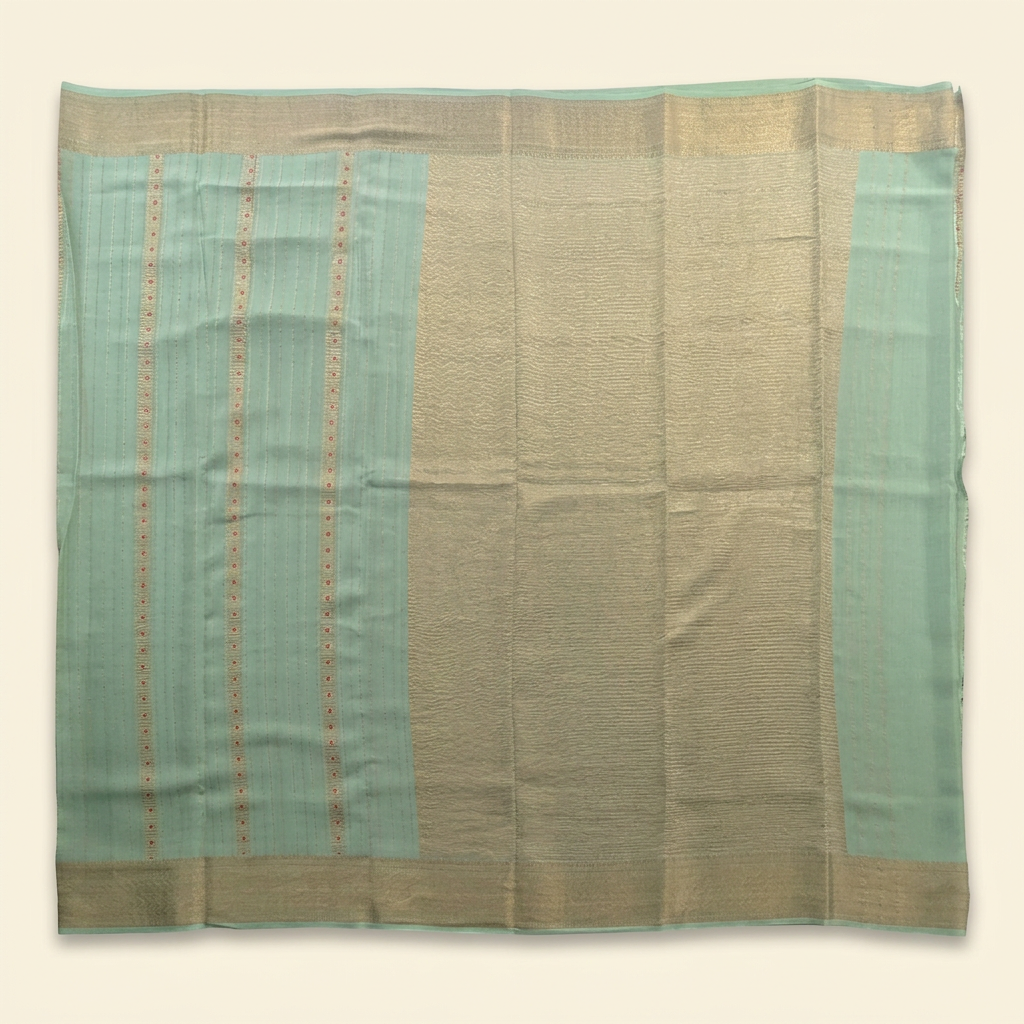 Upstraight overhead view of a pastel green pure Mysore crepe silk saree with red and gold dot rows, a beige-gold zari-woven section and gold border