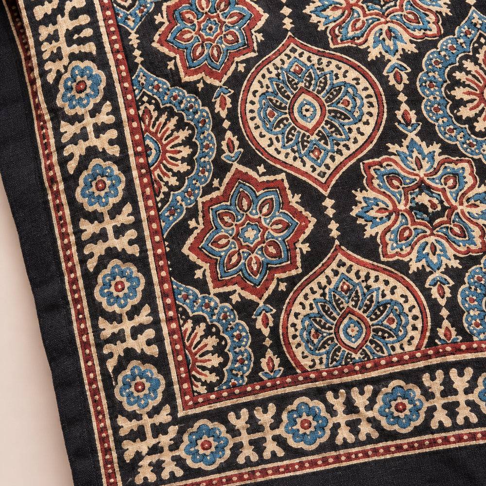 Close-up of indigo Ajrakh saree floral medallions and decorative border