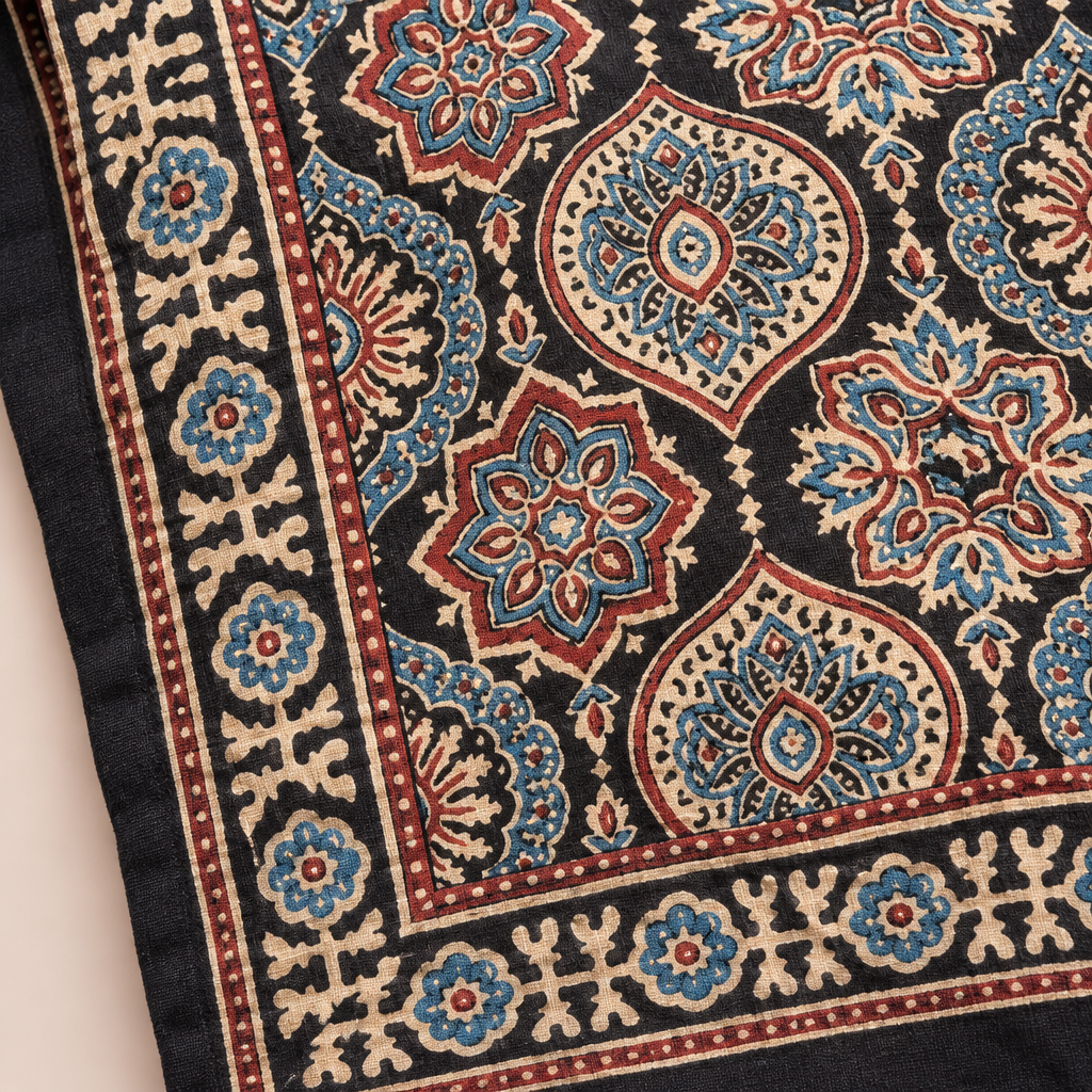 Close-up of indigo Ajrakh saree floral medallions and decorative border