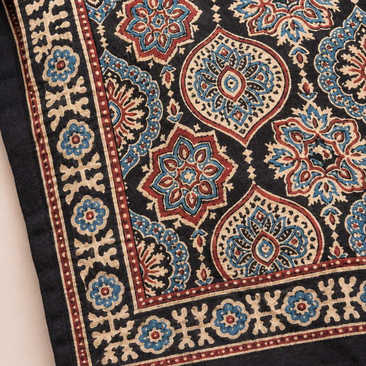 Close-up of indigo Ajrakh saree floral medallions and decorative border