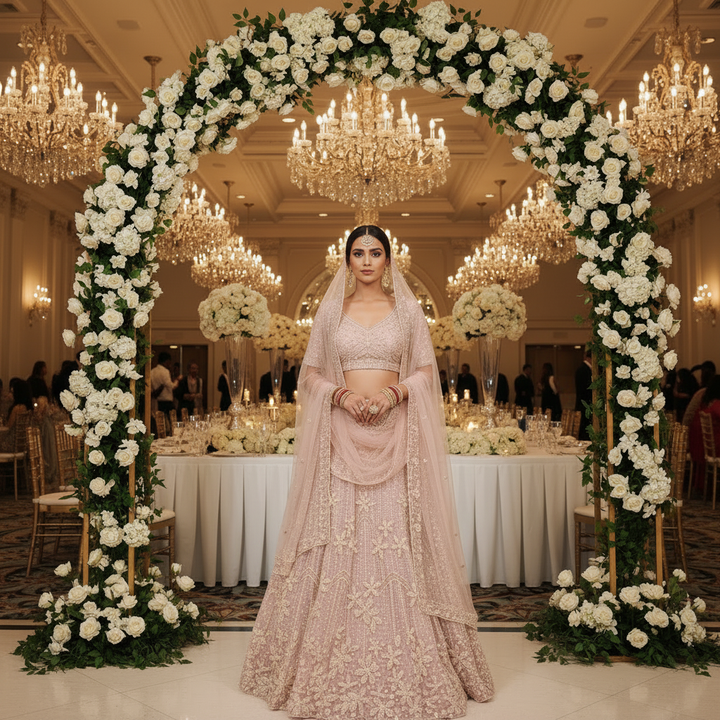Blush Pink Pearl Bridal Lehenga - Front View with Bangles