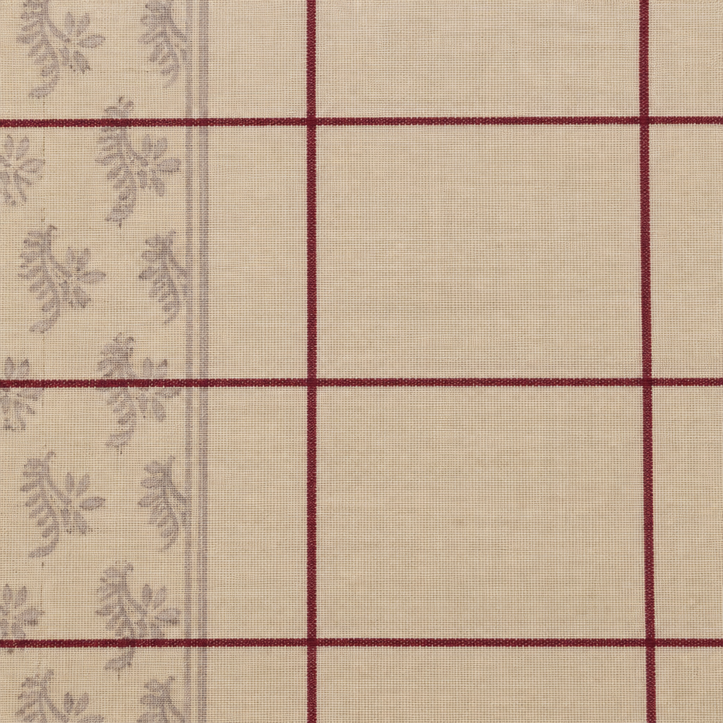 Close-up of maroon checks and grey floral band on cream cotton saree