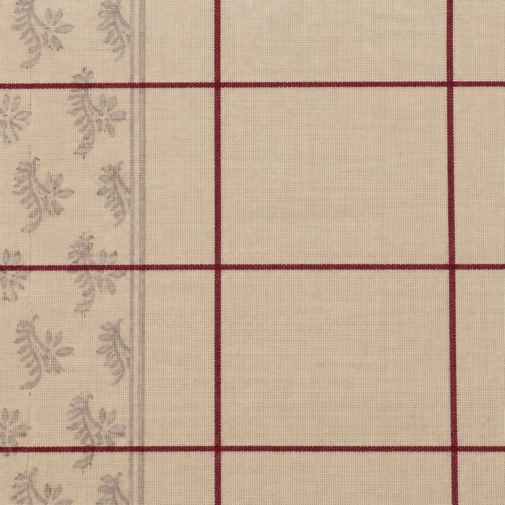 Close-up of maroon checks and grey floral band on cream cotton saree