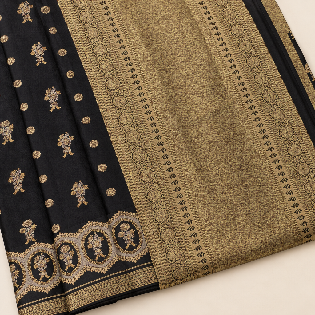 Gold-toned pallu woven texture and decorative border close-up