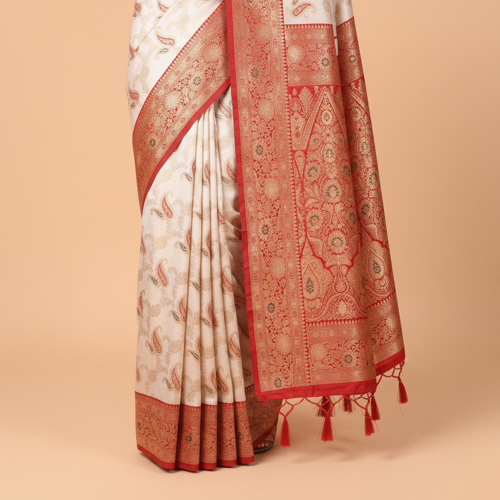 White and red semi tussar silk saree ornate pallu close-up
