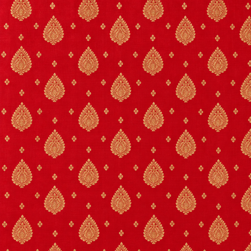 Close-up of the red Banarasi silk body with gold zari teardrop bootas
