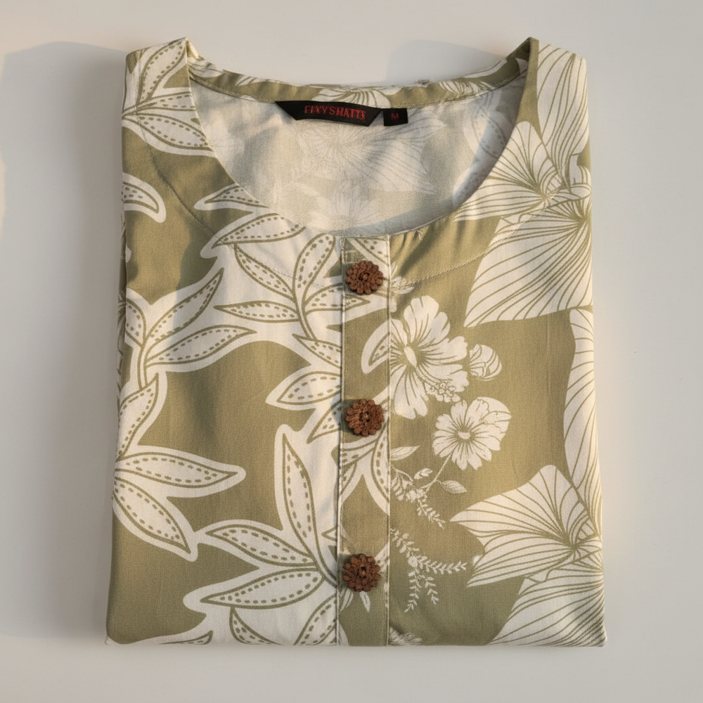 Sage green floral print ladies kurti close-up
