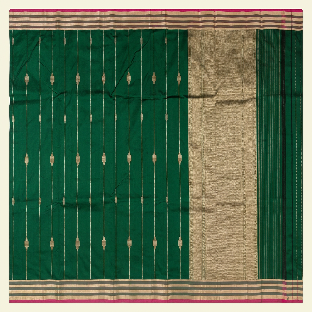 Full straight view of green Banarasi saree with gold-toned motif stripes and pink-edged borders