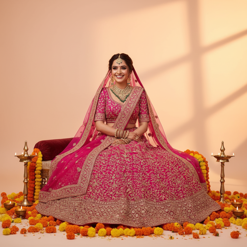 Hot Pink Zari Embroidered Bridal Lehenga - Marigold Props
