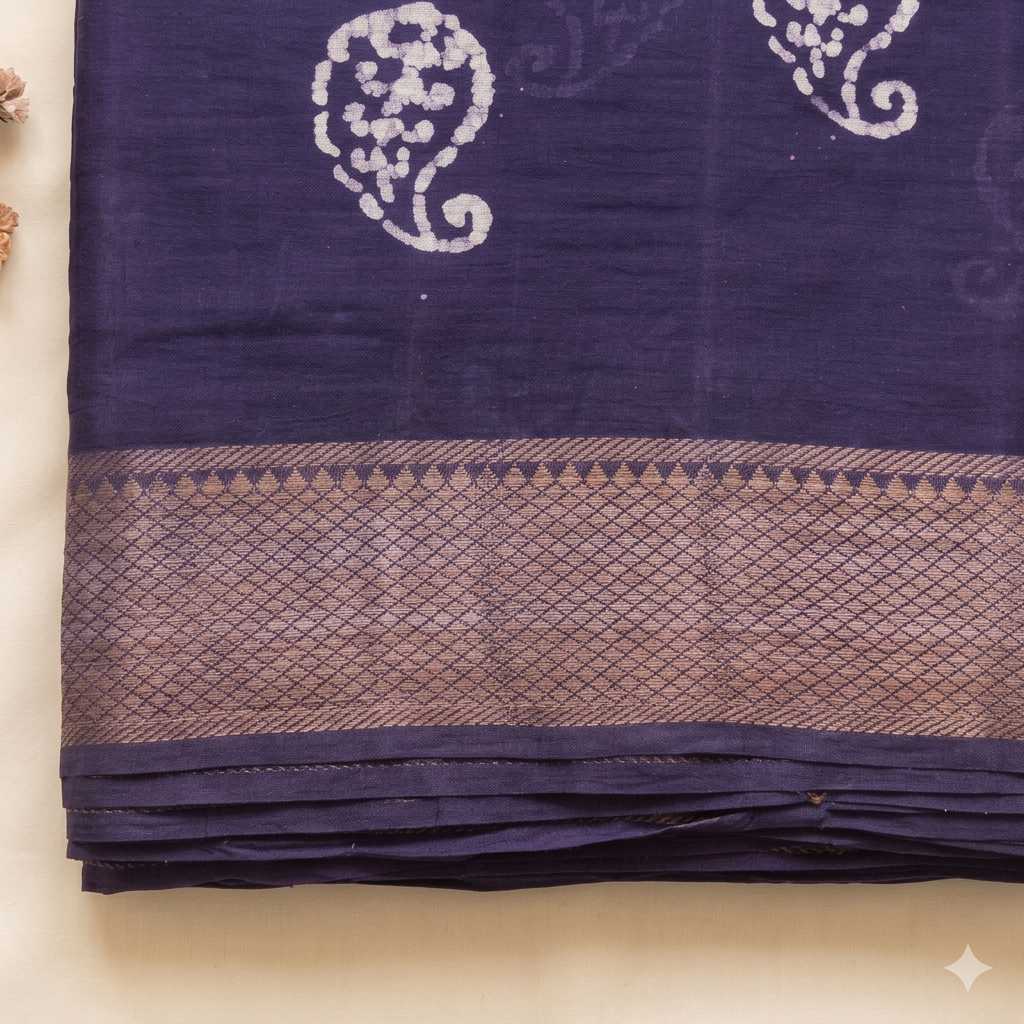 Rose-gold-toned diamond-lattice border with purple edging, saree close-up