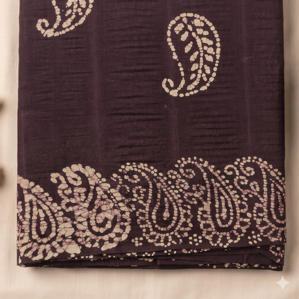 Cream paisley and floral border on purple cotton dance saree, close-up