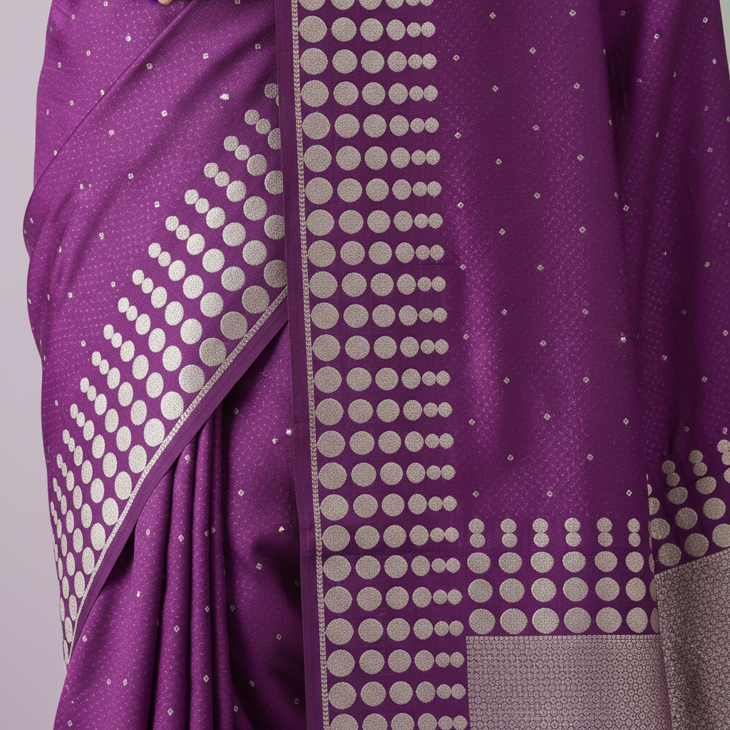 Close-up of the purple Banarasi silk saree silver geometric zari border and pallu
