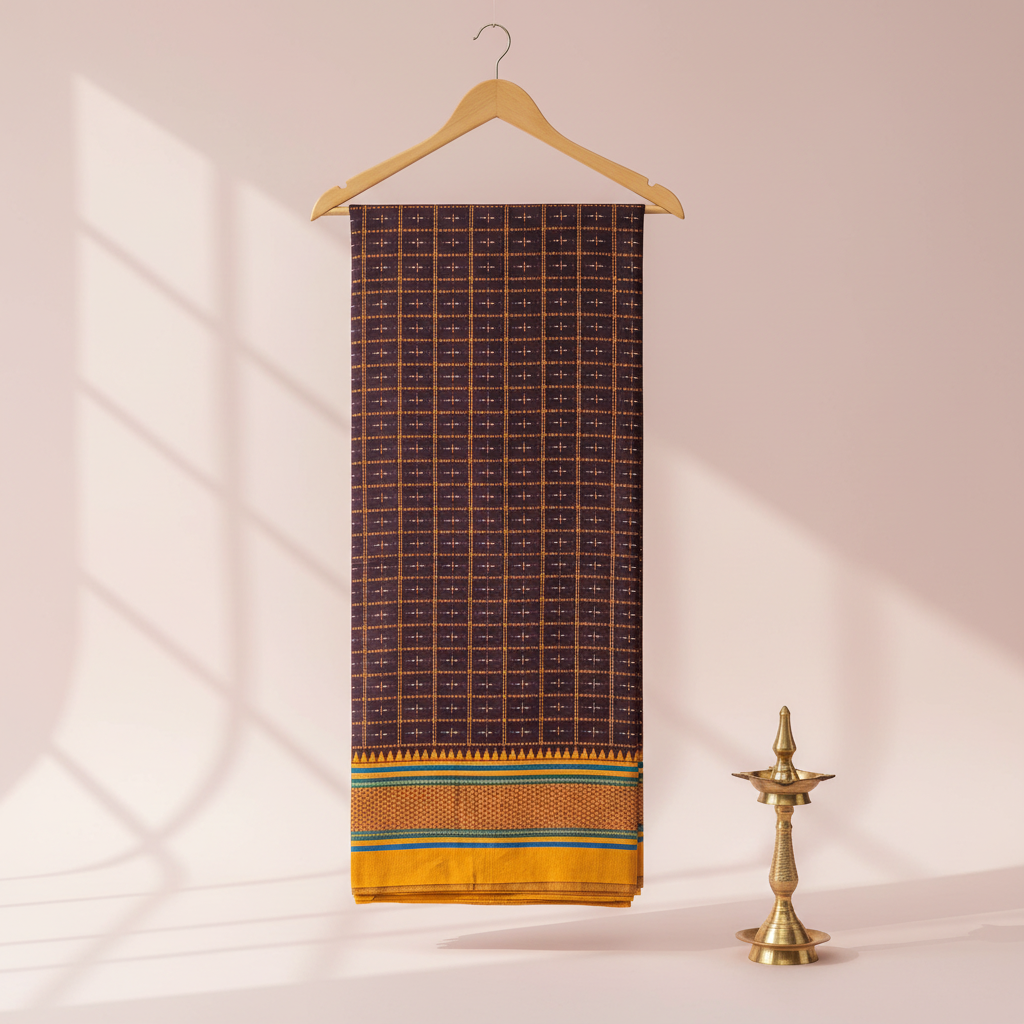 Brown and plum checked cotton saree with a yellow-mustard striped border hanging on a wooden hanger against a pastel background with a brass diya