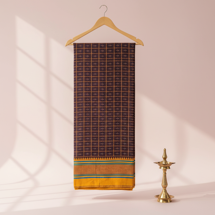 Brown and plum checked cotton saree with a yellow-mustard striped border hanging on a wooden hanger against a pastel background with a brass diya