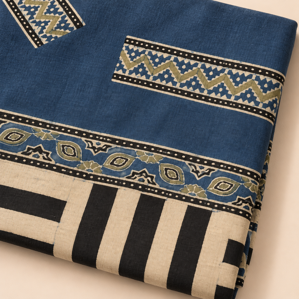 Folded close-up of blue Ajrakh saree geometric motifs and striped design