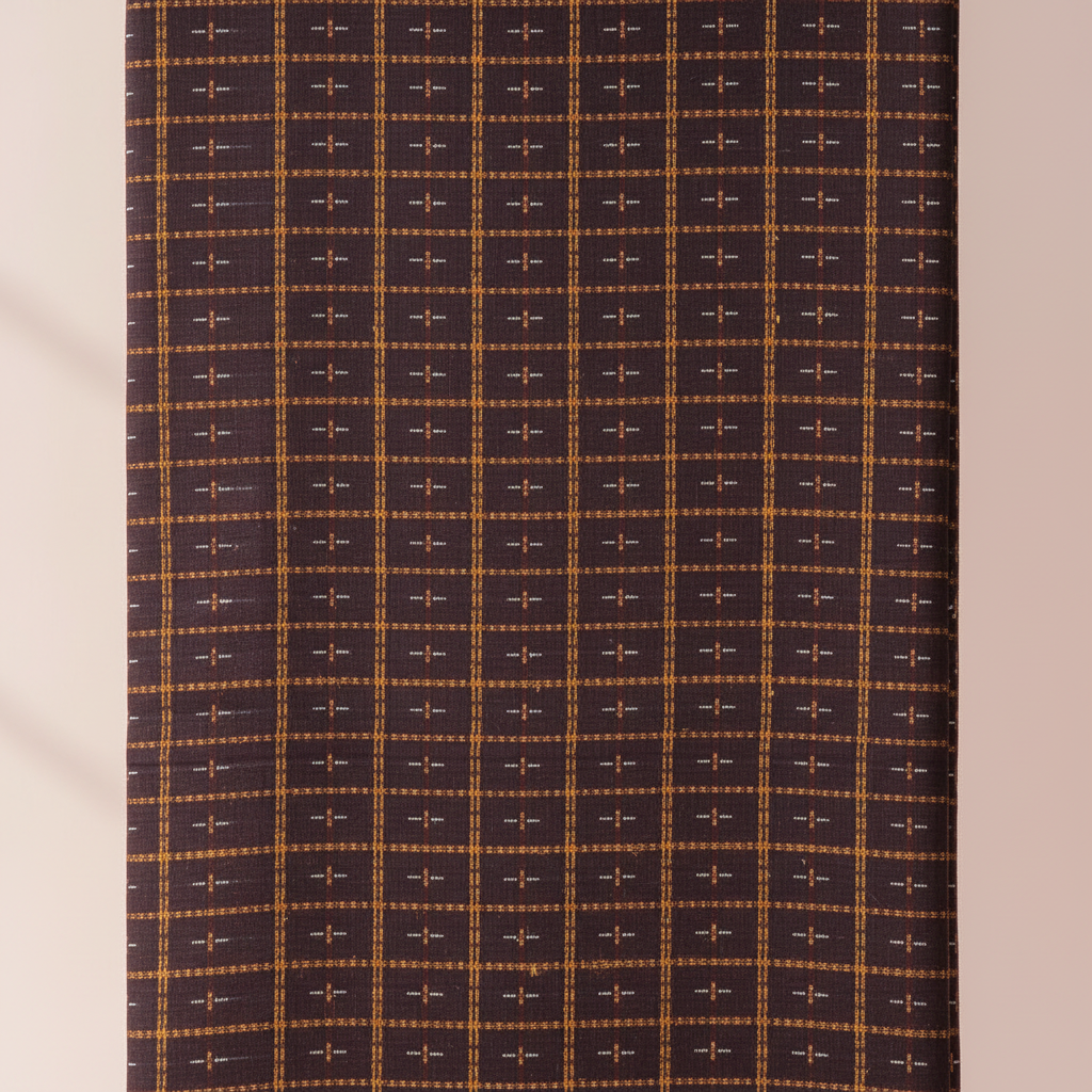 Close-up of the brown, aubergine, and plum cotton saree with a fine mustard-gold and orange checked weave and small light woven cross motifs
