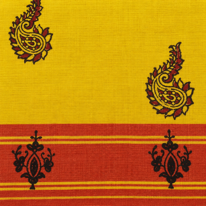Close-up of rust-red striped border with black floral motifs on yellow saree