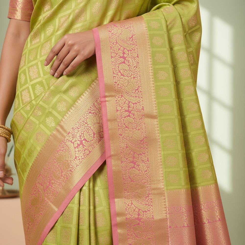 Close-up of the contrast rose pink gold zari border and paisley pallu of the green silk saree