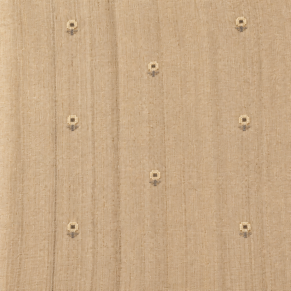 Close-up of the beige pure Tussar silk saree body showing woven texture and scattered butti motifs