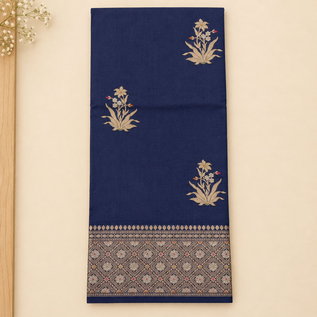 Upright navy blue Tussar silk saree with gold floral motifs and border
